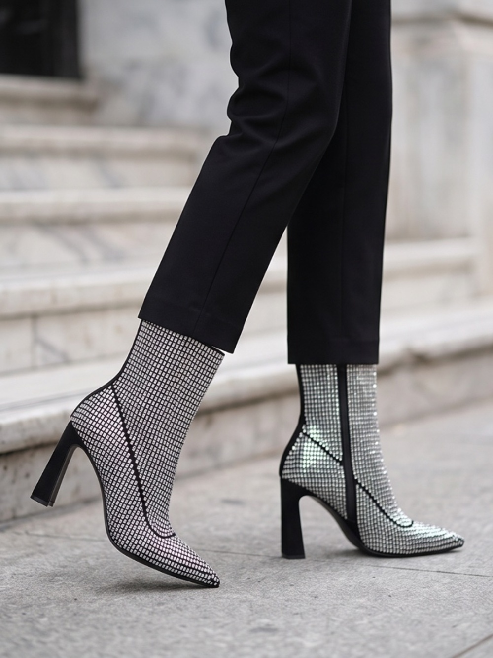 Crystal Ankle Boots in Black and Silver